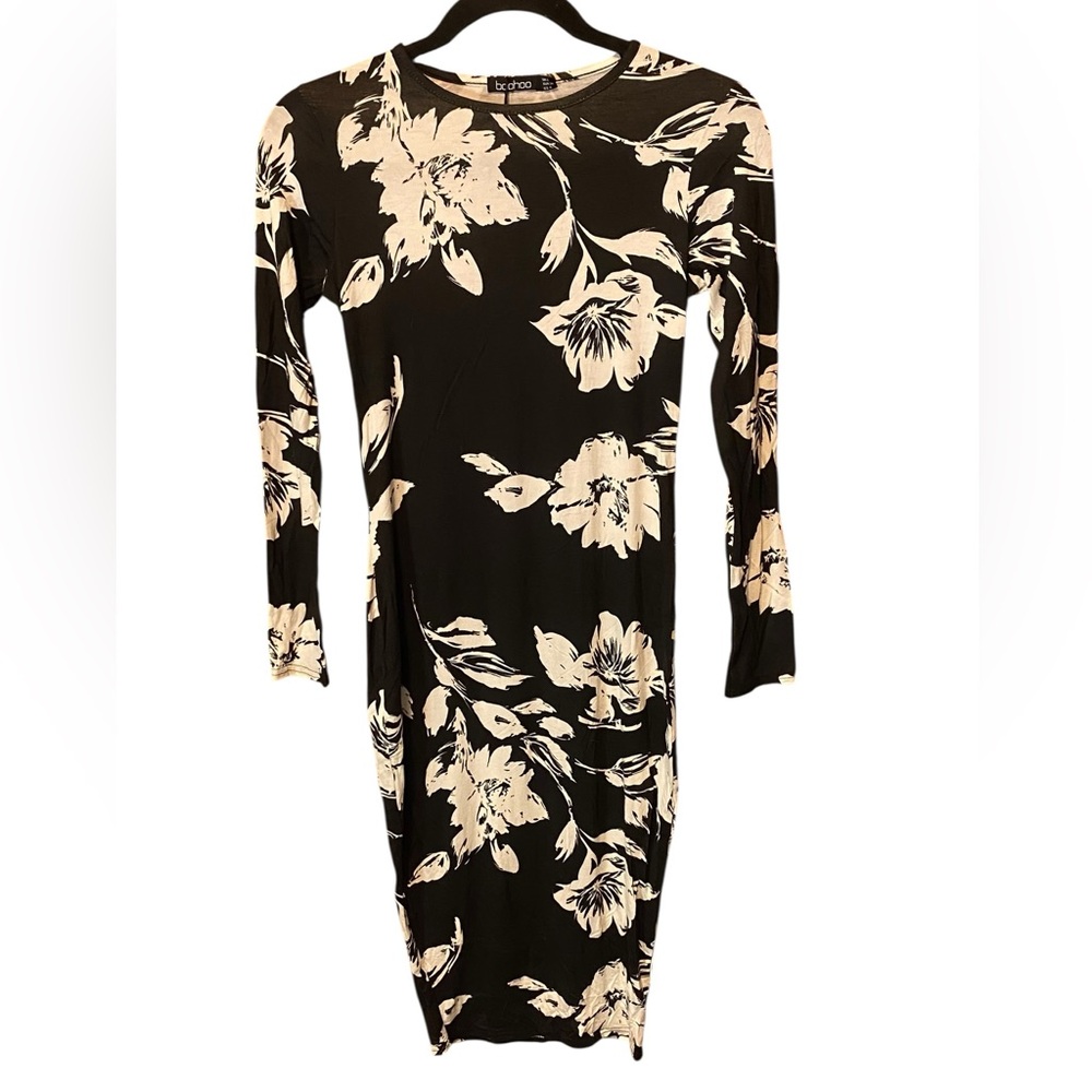 Boohoo Black Cream Floral Long Sleeve Midi Dress Size 4 XS Fitted NWT Wedding